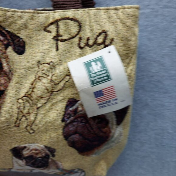 Linda Picken Pug Tapestry Shoulder Tote Bag With Brown Handles Made In USA - Picture 2 of 9